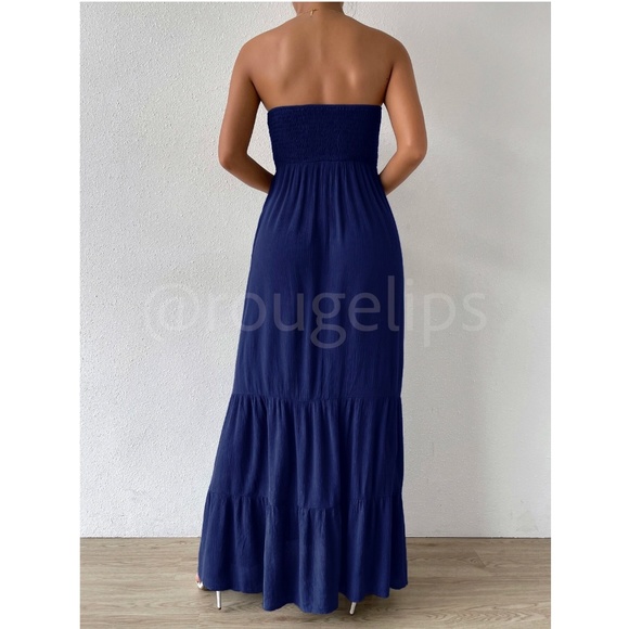 Strapless Maxi Dress Long Navy Blue Shirred Top Flared - Picture 4 of 8